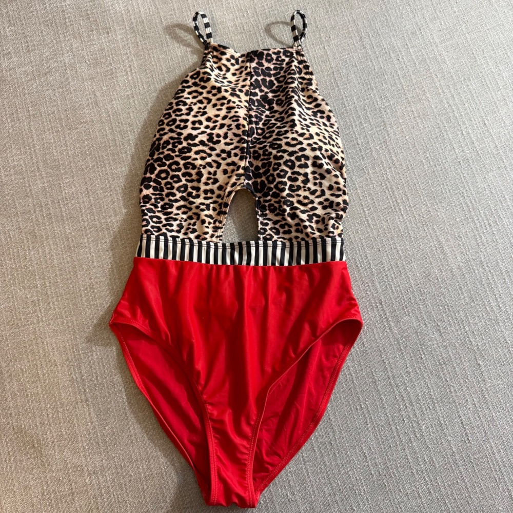 Leopard Print Cut Out One Piece Swimsuit Red Bottom Striped Waistband Monokini